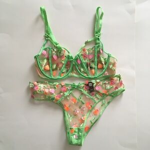 Honey Birdette Lime Green Floral Embroidered Sheer Bra & Brief Set